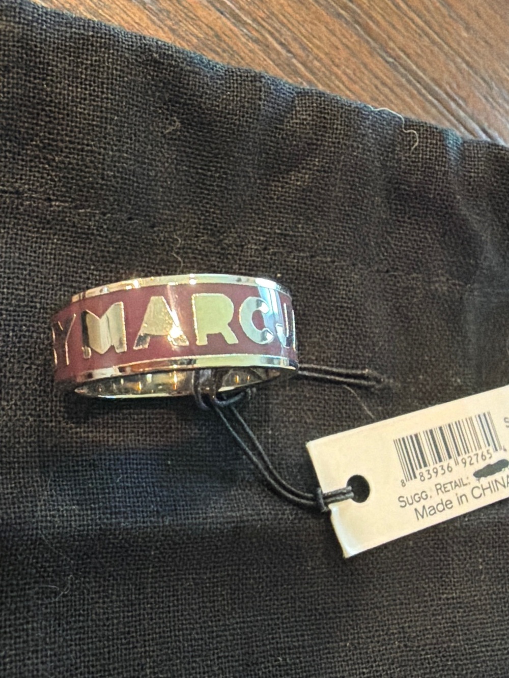 Marc by Marc Jacobs NWT Logo Band Ring, Silver-Tone & Dark Magenta Enamel Inlay